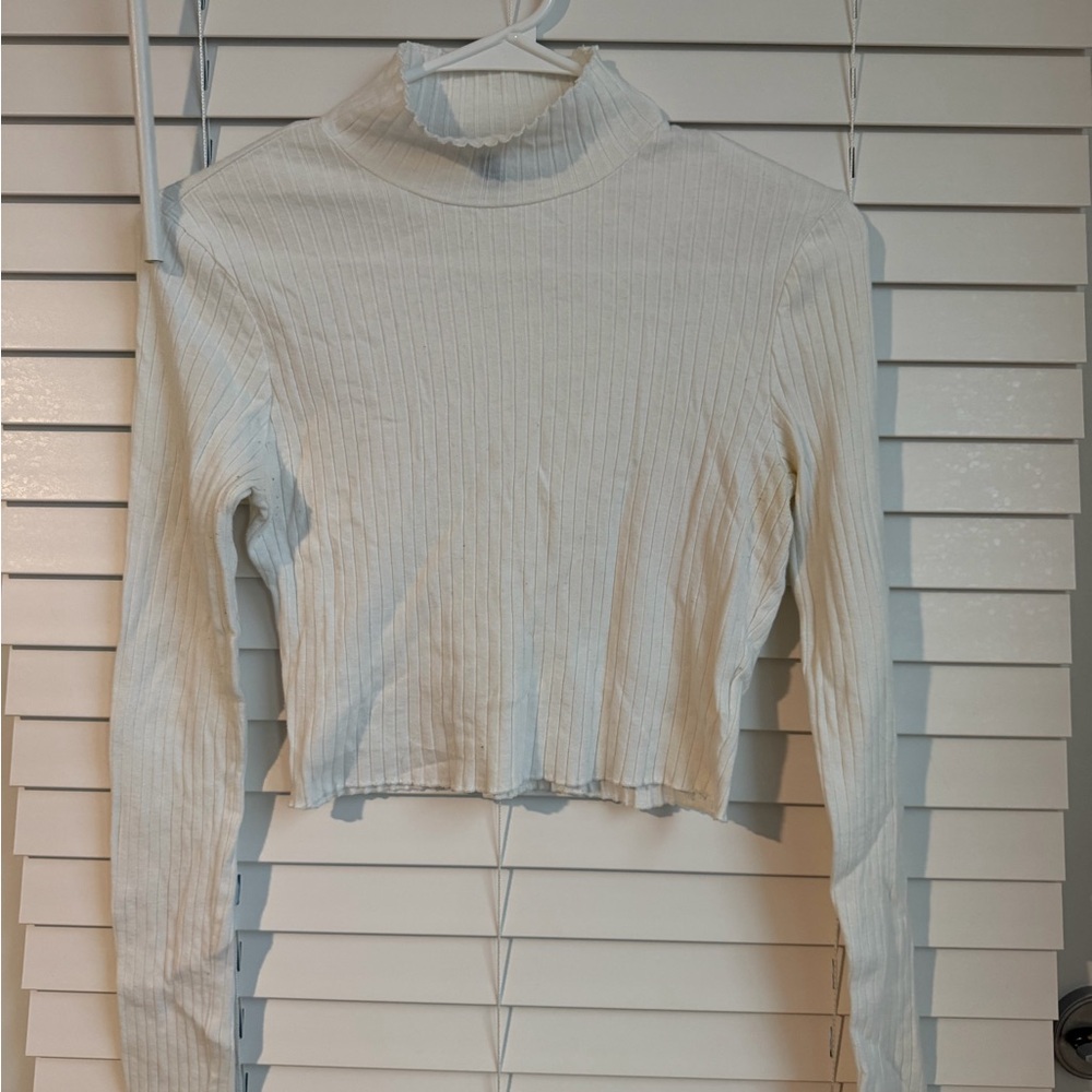Zaful White Ribbed Mock Neck Long Sleeve Crop Top